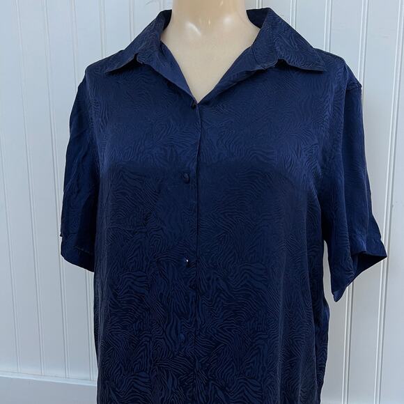 Anna Frank Vintage 100% Silk Button Up Blouse Navy Monochromatic Zebra Women's S - Picture 1 of 9